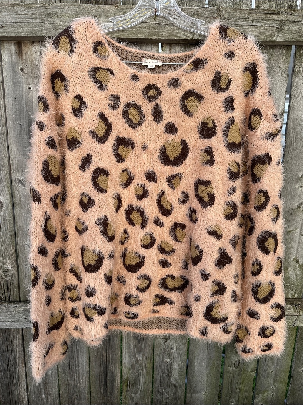 Hem & Thread - Fuzzy Leopard Print Crewneck Sweater in Peach